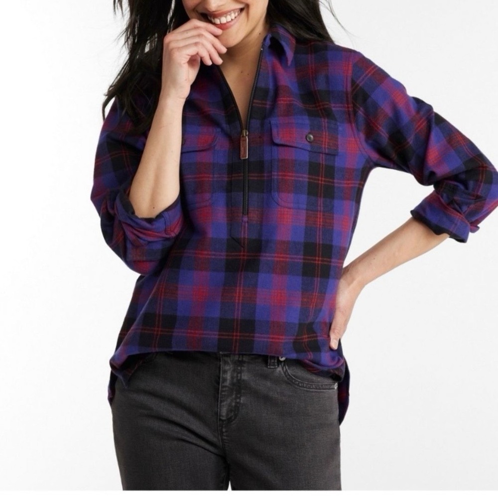 LL Bean Women Purple Scotch Plaid 1/4 Zip Cotton Flannel Shirt Relaxed Medium